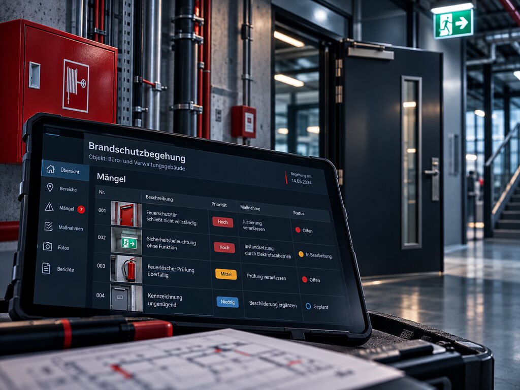 Digitale Brandschutzbegehung: Tablet mit Mängelliste in einem Gebäudeflur