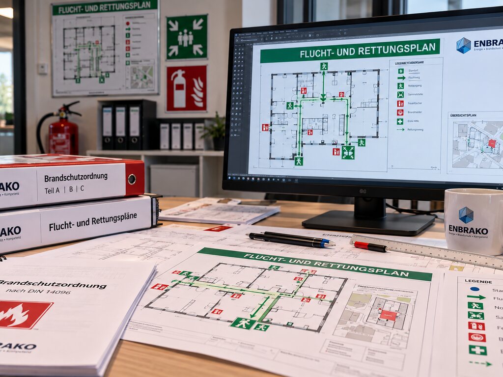 Arbeitsplatz mit Brandschutzordnung nach DIN 14096 sowie Flucht- und Rettungsplan auf Monitor und Tisch