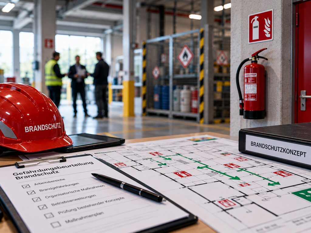 Prüftisch mit Klemmbrett Gefährdungsbeurteilung Brandschutz, Helm BRANDSCHUTZ, Fluchtplan und Feuerlöscher mit Kennzeichnung