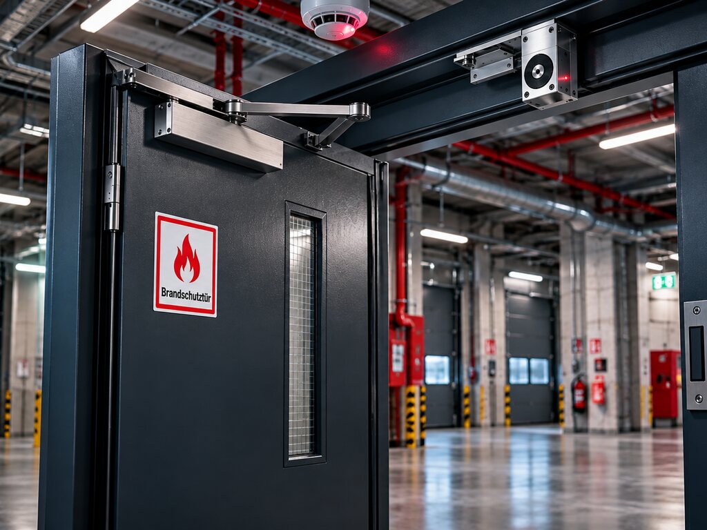 Offene Brandschutztür mit Feststellanlage und Türschließer in einem Industriebereich