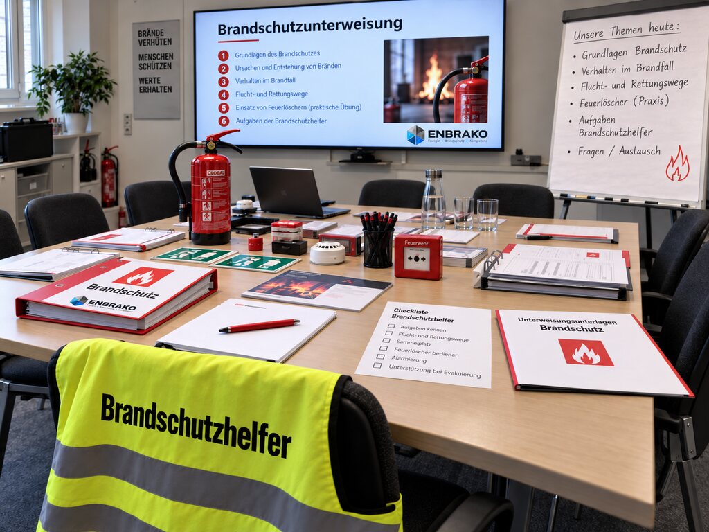 Vorbereiteter Schulungsraum für Brandschutzunterweisung mit Weste Brandschutzhelfer und Präsentationsfolie