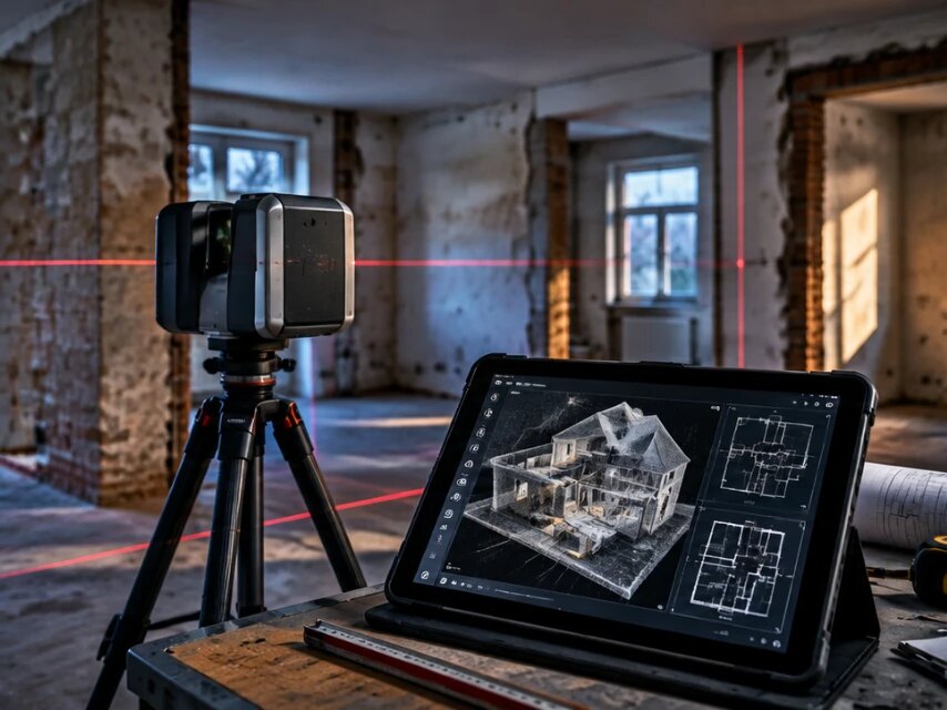 Tablet mit digitalem Gebäudemodell und Grundriss-Ansichten auf einem Werktisch, dahinter ein Laserscanner auf Stativ in einem entkernten Raum