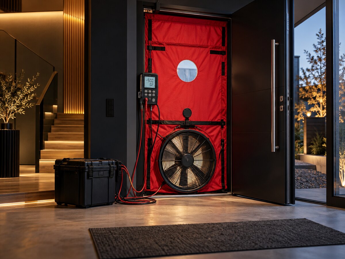 Blower-Door-Messanlage mit Kalibrierblatt und digitalem Differenzmanometer in einer geöffneten Haustür, angeschlossen an ein stabiles Transportcase