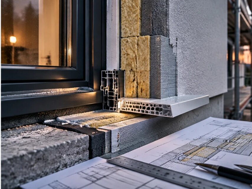 Maßstäbliches Fensteranschluss-Detail mit Mehrkammerprofil, Dämmschichten und Fensterbank neben einer technischen Detailzeichnung mit Lineal und Zeichenstiften