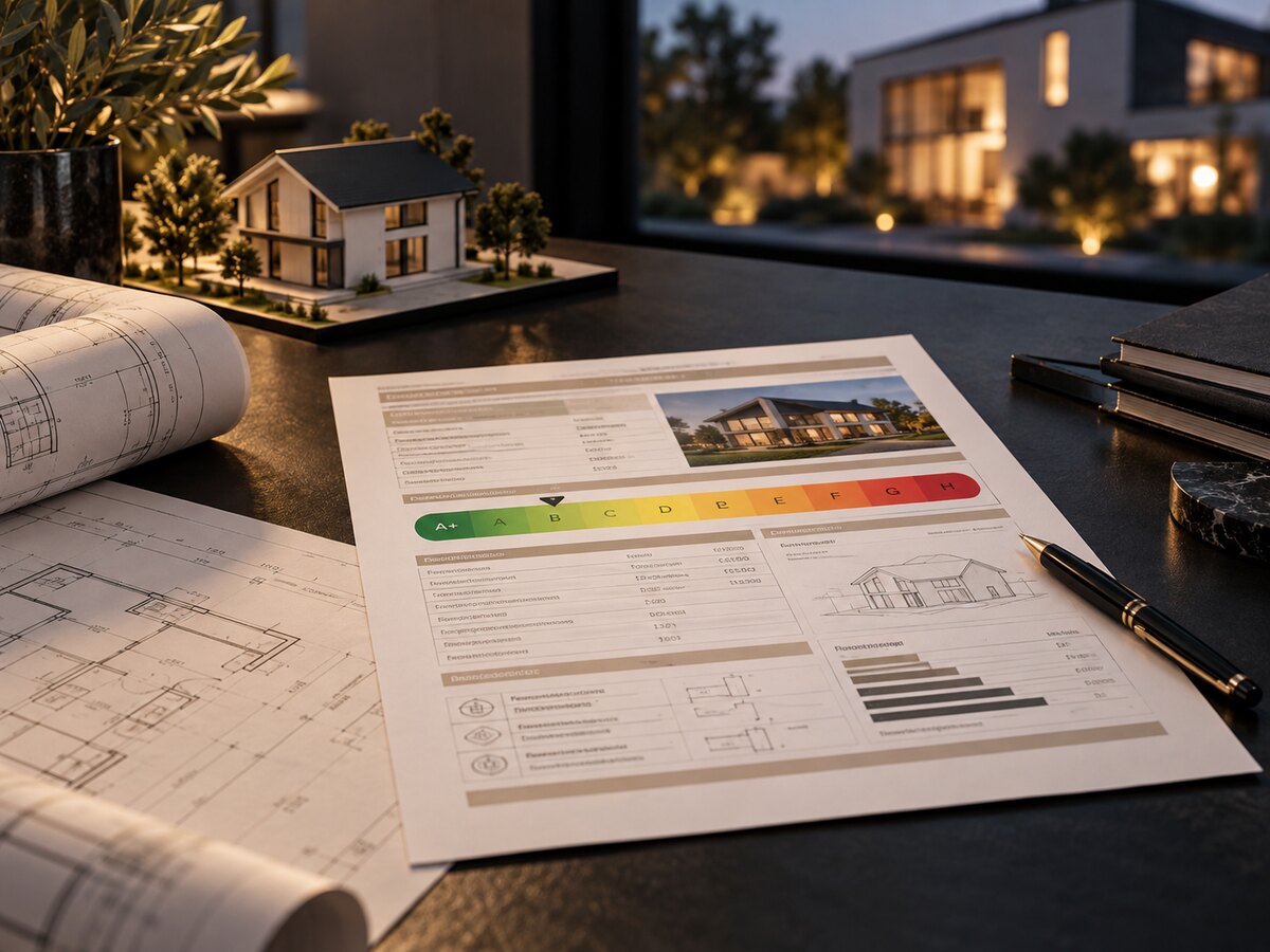 Energieausweis mit Effizienzenskala A+ bis H auf einem dunklen Tisch neben Stift, Zeichnungsrolle und Modellhaus, im Hintergrund ein beleuchtetes Wohnhaus zur blauen Stunde