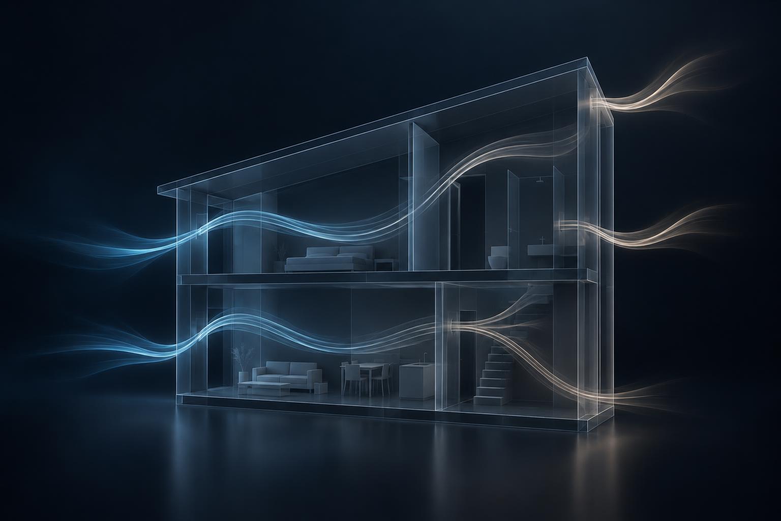 Schematisches 3D-Gebäudemodell mit visualisiertem Luftwechsel: Frischluft in Cyan, Abluft in gedämpften Tönen