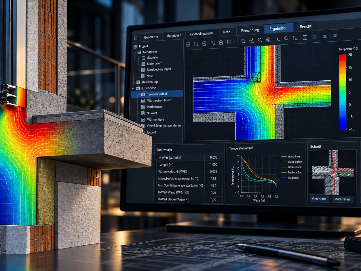 Wärmebrückenberechnung: Anschauungsmodell einer Gebäudeecke mit Thermografie-Farbfeld neben einem Bildschirm mit 2D-Simulation der Oberflächentemperaturen