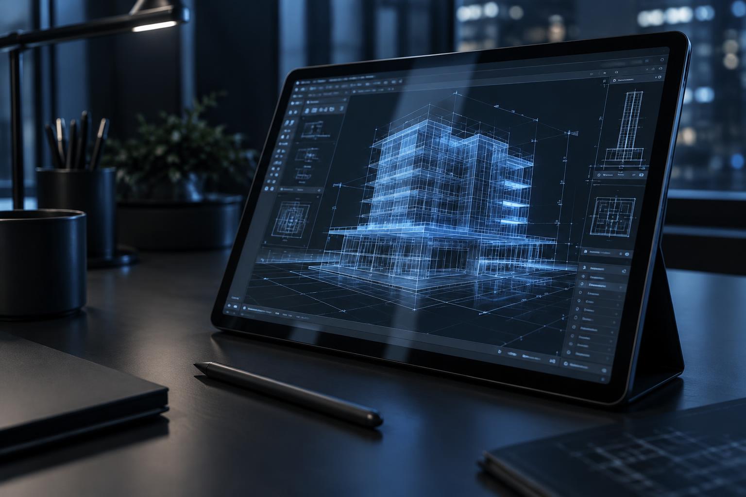Tablet mit blauem CAD-3D-Gebäudemodell und Konstruktionsansicht auf dunklem Schreibtisch
